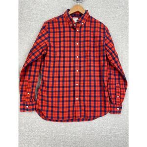 Old Navy Shirt Mens Medium Red Blue Plaid Slim Fit Button Up Stretch Linen Blend